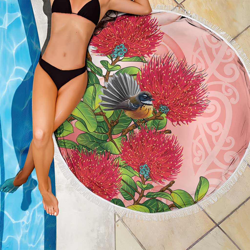New Zealand Fantail Beach Blanket Maori Koru With Pohutukawa Flowers - Polynesian Pride