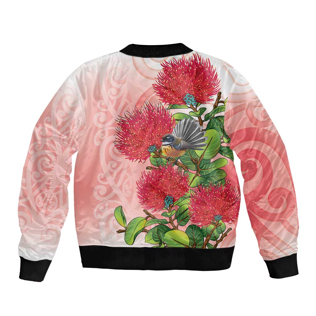 New Zealand Fantail Bomber Jacket Maori Koru With Pohutukawa Flowers - Polynesian Pride