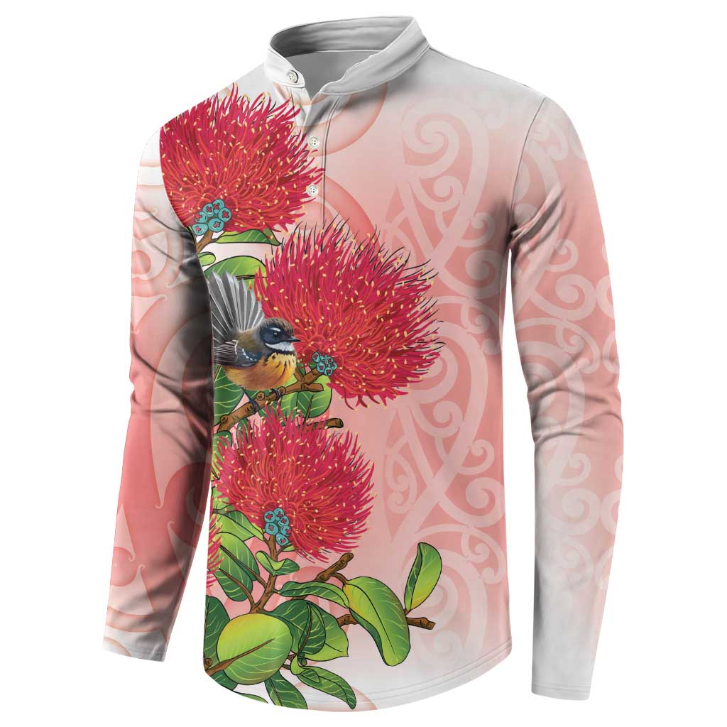 New Zealand Fantail Button Sweatshirt Maori Koru With Pohutukawa Flowers - Polynesian Pride
