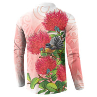 New Zealand Fantail Button Sweatshirt Maori Koru With Pohutukawa Flowers - Polynesian Pride