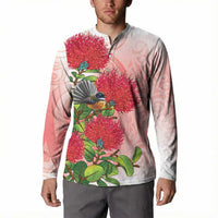 New Zealand Fantail Button Sweatshirt Maori Koru With Pohutukawa Flowers - Polynesian Pride