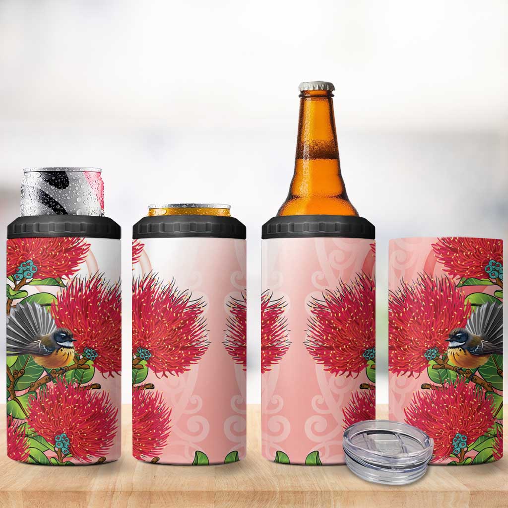 New Zealand Fantail 4 in 1 Can Cooler Tumbler Maori Koru With Pohutukawa Flowers - Polynesian Pride