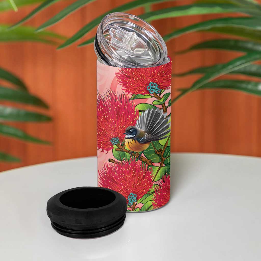 New Zealand Fantail 4 in 1 Can Cooler Tumbler Maori Koru With Pohutukawa Flowers - Polynesian Pride