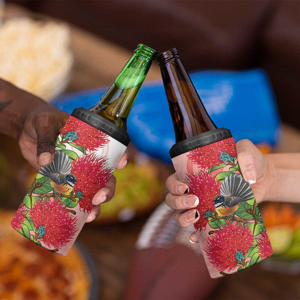 New Zealand Fantail 4 in 1 Can Cooler Tumbler Maori Koru With Pohutukawa Flowers - Polynesian Pride