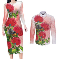 New Zealand Fantail Couples Matching Long Sleeve Bodycon Dress and Long Sleeve Button Shirt Maori Koru With Pohutukawa Flowers - Polynesian Pride