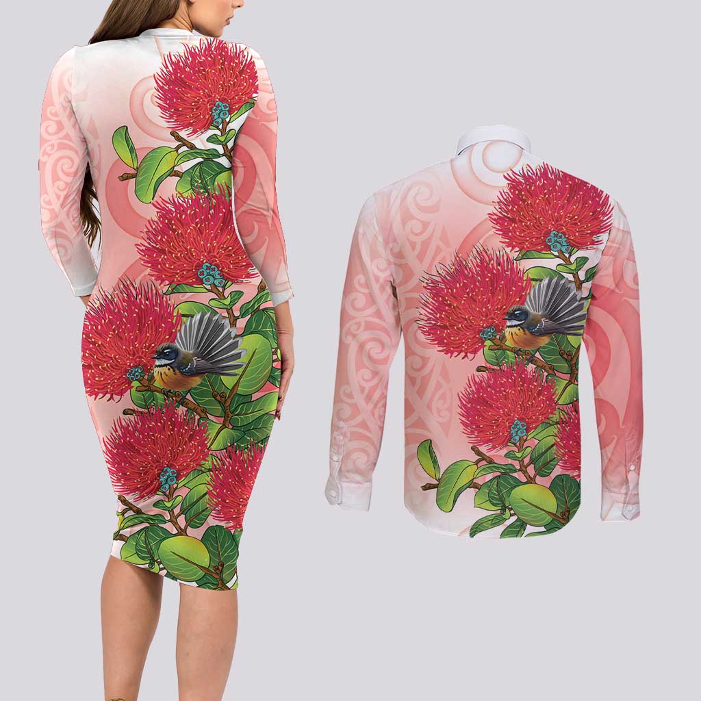 New Zealand Fantail Couples Matching Long Sleeve Bodycon Dress and Long Sleeve Button Shirt Maori Koru With Pohutukawa Flowers - Polynesian Pride