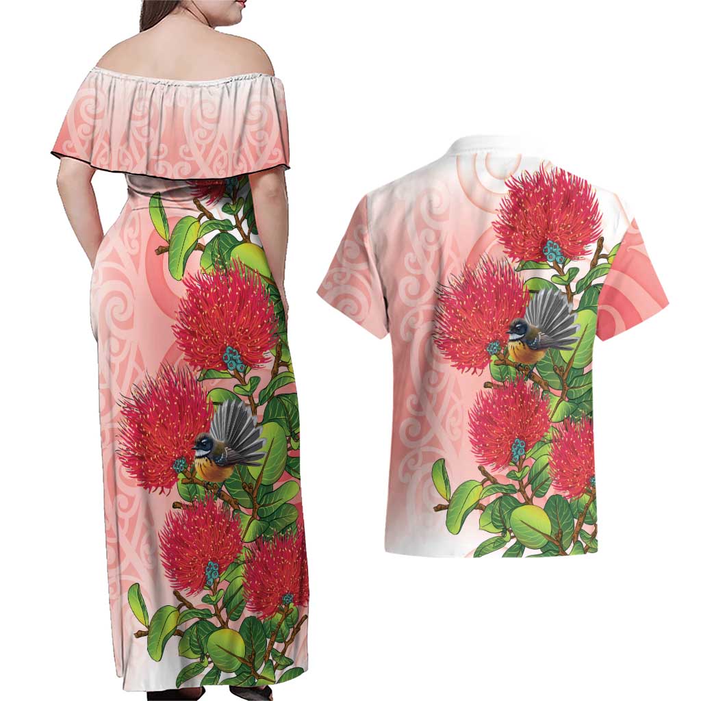New Zealand Fantail Couples Matching Off Shoulder Maxi Dress and Hawaiian Shirt Maori Koru With Pohutukawa Flowers - Polynesian Pride