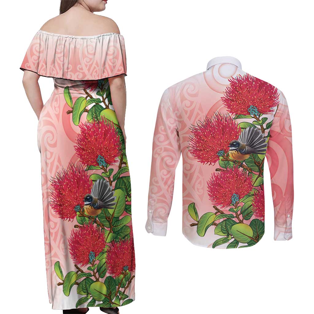 New Zealand Fantail Couples Matching Off Shoulder Maxi Dress and Long Sleeve Button Shirt Maori Koru With Pohutukawa Flowers - Polynesian Pride