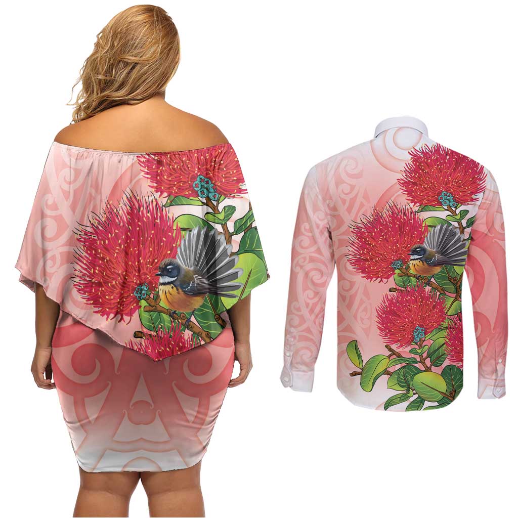 New Zealand Fantail Couples Matching Off Shoulder Short Dress and Long Sleeve Button Shirt Maori Koru With Pohutukawa Flowers - Polynesian Pride