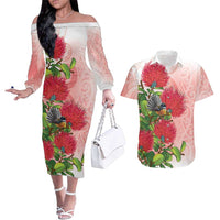 New Zealand Fantail Couples Matching Off The Shoulder Long Sleeve Dress and Hawaiian Shirt Maori Koru With Pohutukawa Flowers - Polynesian Pride