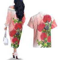 New Zealand Fantail Couples Matching Off The Shoulder Long Sleeve Dress and Hawaiian Shirt Maori Koru With Pohutukawa Flowers - Polynesian Pride