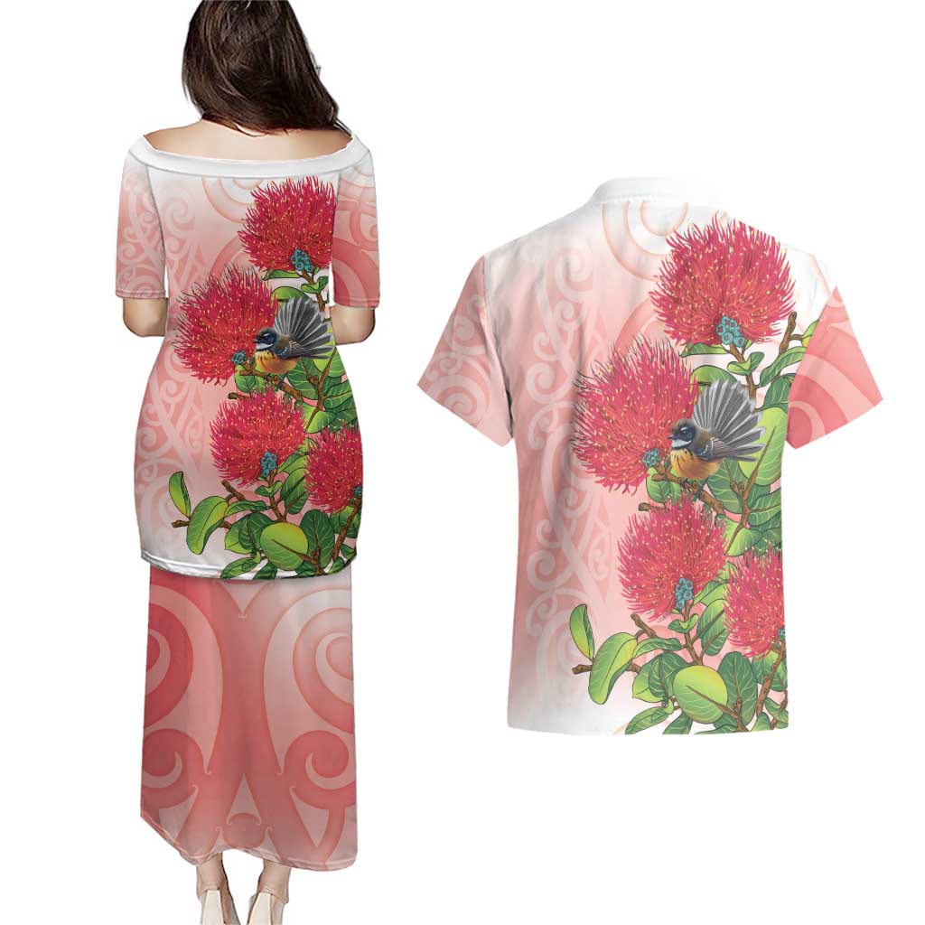 New Zealand Fantail Couples Matching Puletasi and Hawaiian Shirt Maori Koru With Pohutukawa Flowers - Polynesian Pride