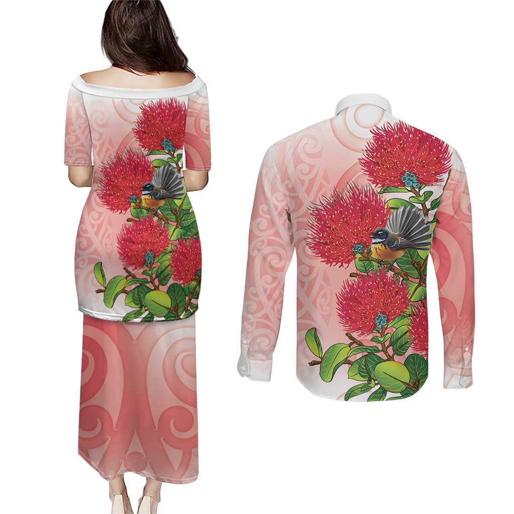 New Zealand Fantail Couples Matching Puletasi and Long Sleeve Button Shirt Maori Koru With Pohutukawa Flowers - Polynesian Pride