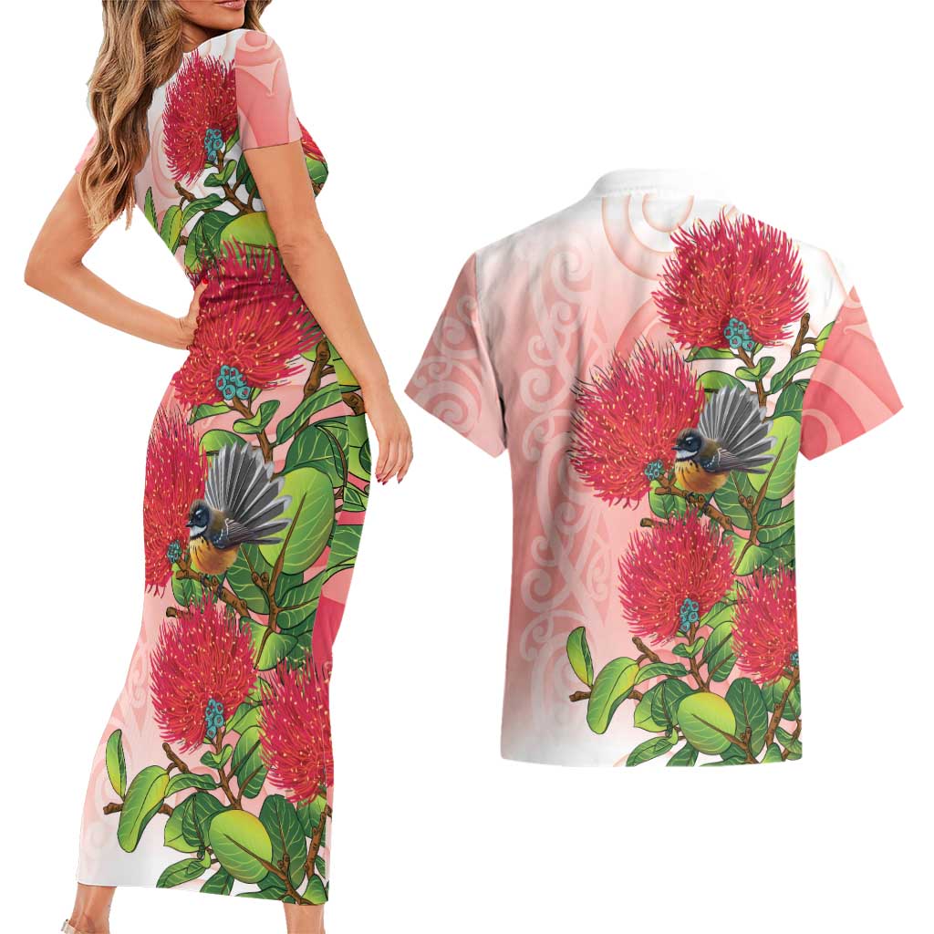 New Zealand Fantail Couples Matching Short Sleeve Bodycon Dress and Hawaiian Shirt Maori Koru With Pohutukawa Flowers - Polynesian Pride