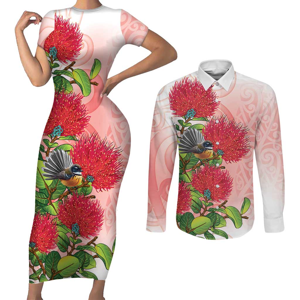 New Zealand Fantail Couples Matching Short Sleeve Bodycon Dress and Long Sleeve Button Shirt Maori Koru With Pohutukawa Flowers - Polynesian Pride