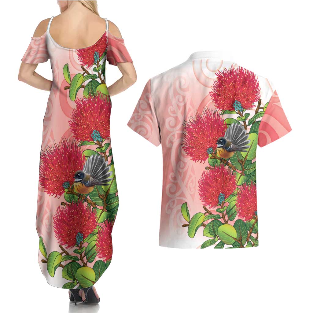 New Zealand Fantail Couples Matching Summer Maxi Dress and Hawaiian Shirt Maori Koru With Pohutukawa Flowers - Polynesian Pride