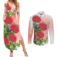 New Zealand Fantail Couples Matching Summer Maxi Dress and Long Sleeve Button Shirt Maori Koru With Pohutukawa Flowers - Polynesian Pride
