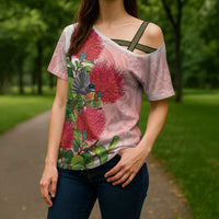 New Zealand Fantail Cross Shoulder Shirt Maori Koru With Pohutukawa Flowers - Polynesian Pride
