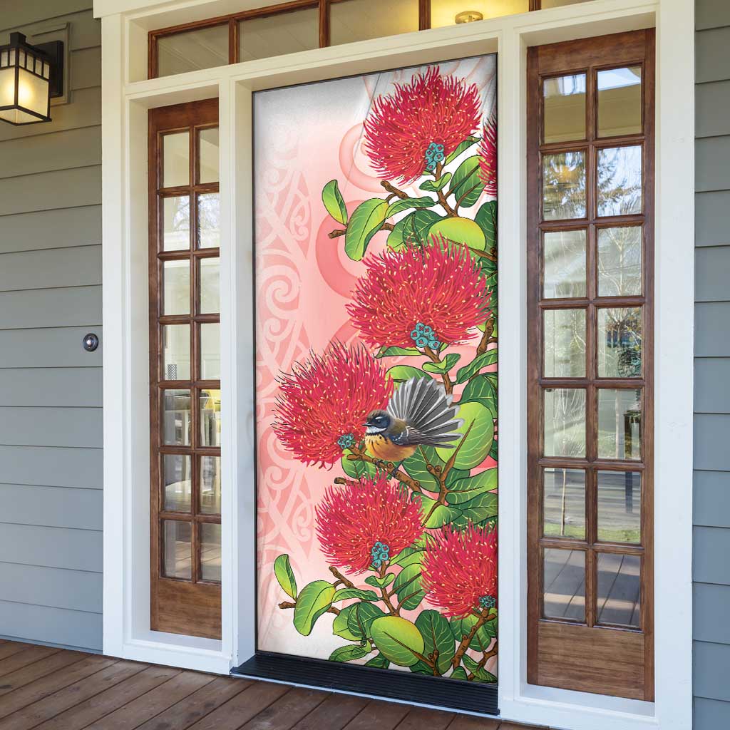 New Zealand Fantail Door Cover Maori Koru With Pohutukawa Flowers - Polynesian Pride