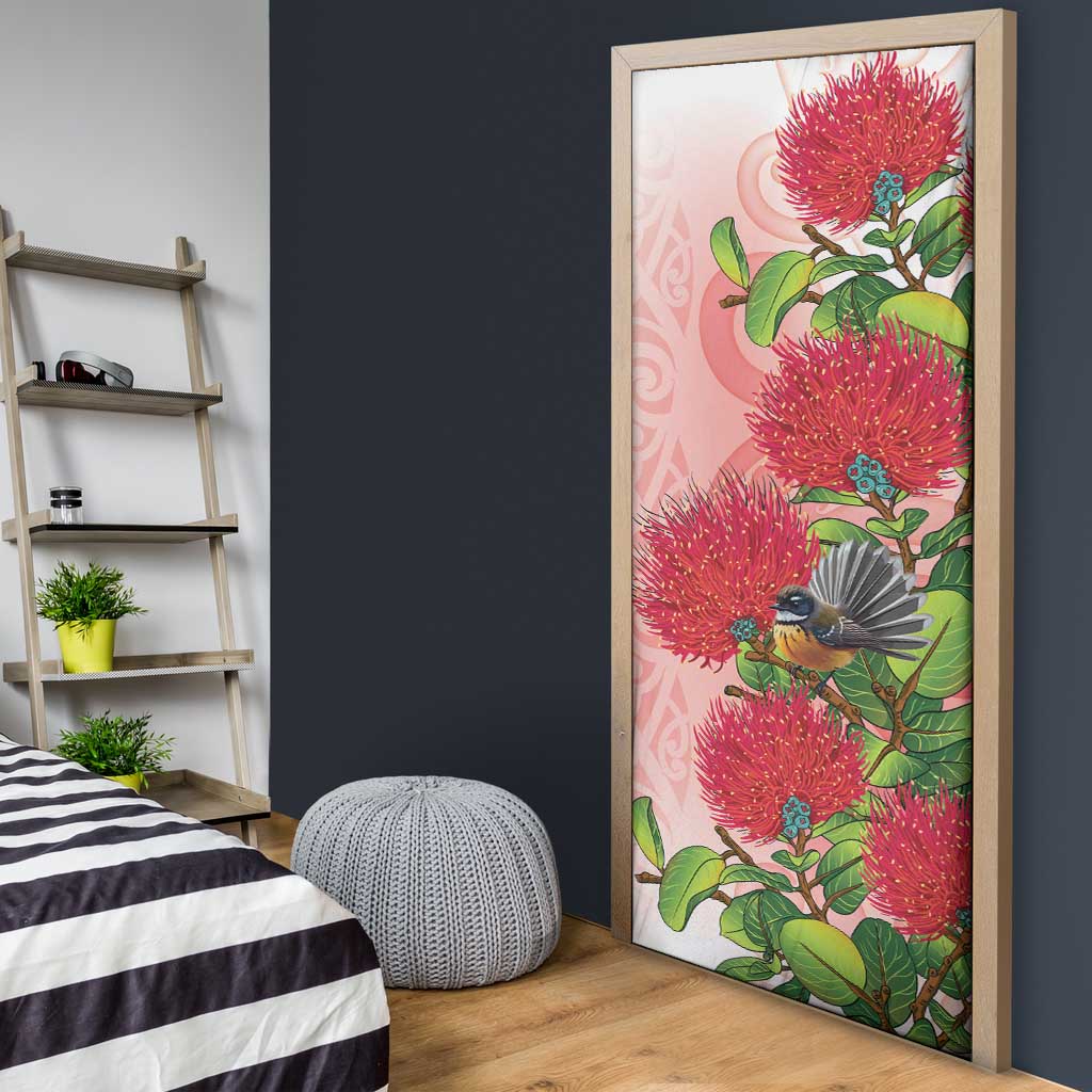 New Zealand Fantail Door Cover Maori Koru With Pohutukawa Flowers - Polynesian Pride