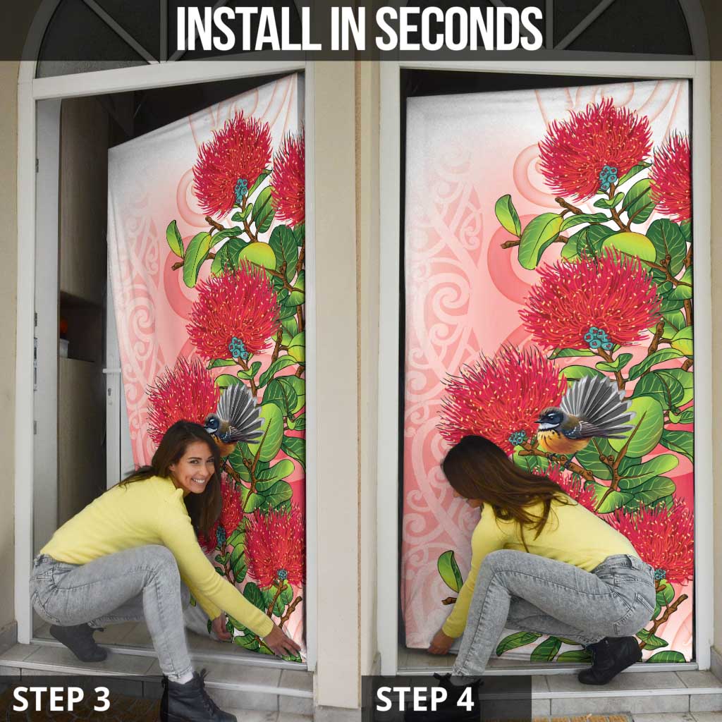 New Zealand Fantail Door Cover Maori Koru With Pohutukawa Flowers - Polynesian Pride