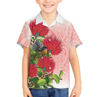 New Zealand Fantail Family Matching Off The Shoulder Long Sleeve Dress and Hawaiian Shirt Maori Koru With Pohutukawa Flowers
