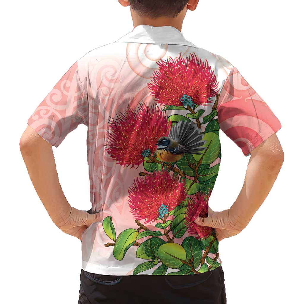 New Zealand Fantail Family Matching Puletasi and Hawaiian Shirt Maori Koru With Pohutukawa Flowers