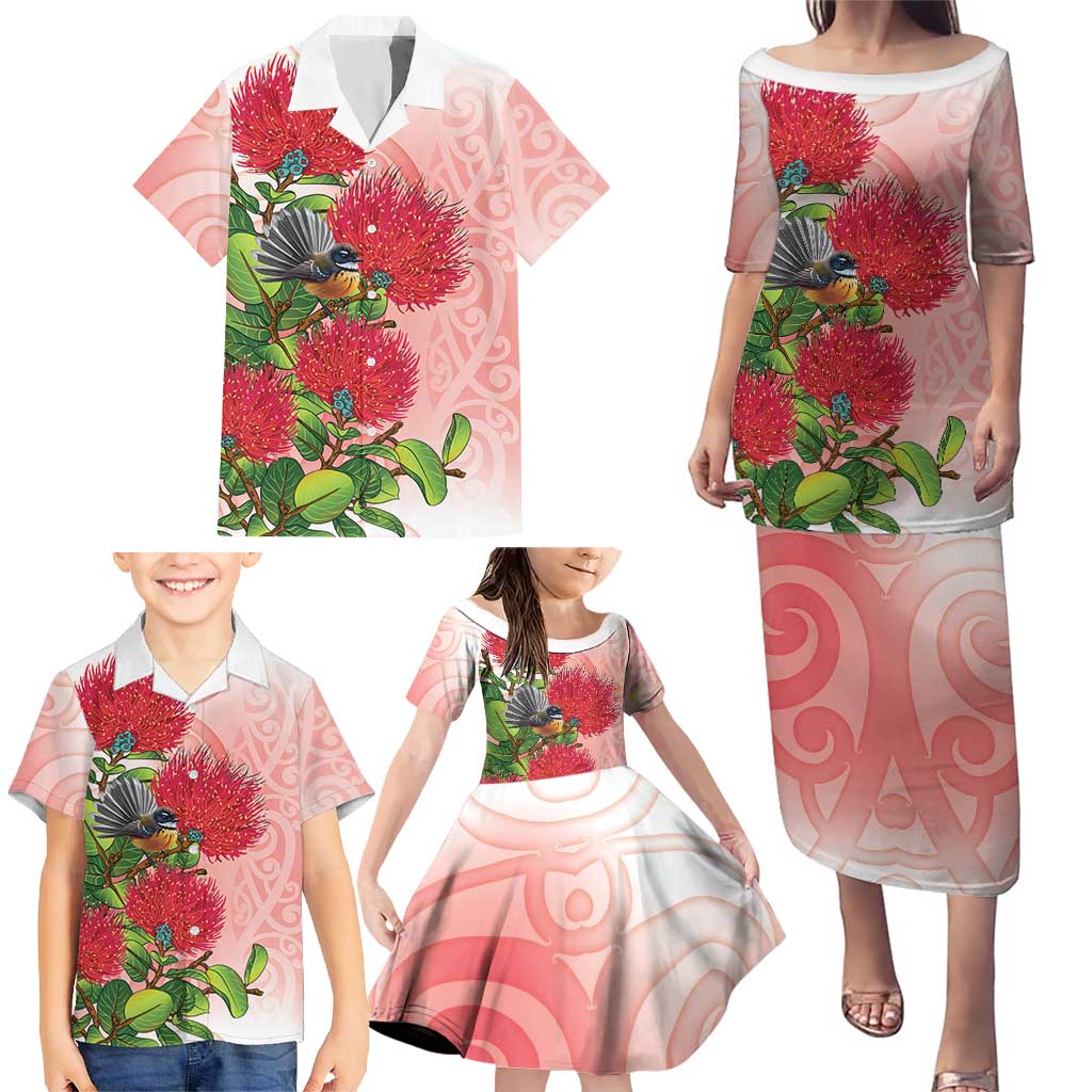 New Zealand Fantail Family Matching Puletasi and Hawaiian Shirt Maori Koru With Pohutukawa Flowers LT05 - Polynesian Pride