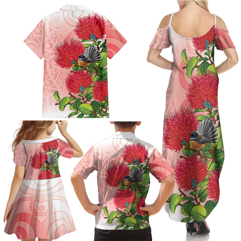 New Zealand Fantail Family Matching Summer Maxi Dress and Hawaiian Shirt Maori Koru With Pohutukawa Flowers