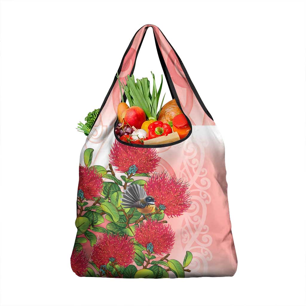 New Zealand Fantail Grocery Bag Maori Koru With Pohutukawa Flowers - Polynesian Pride