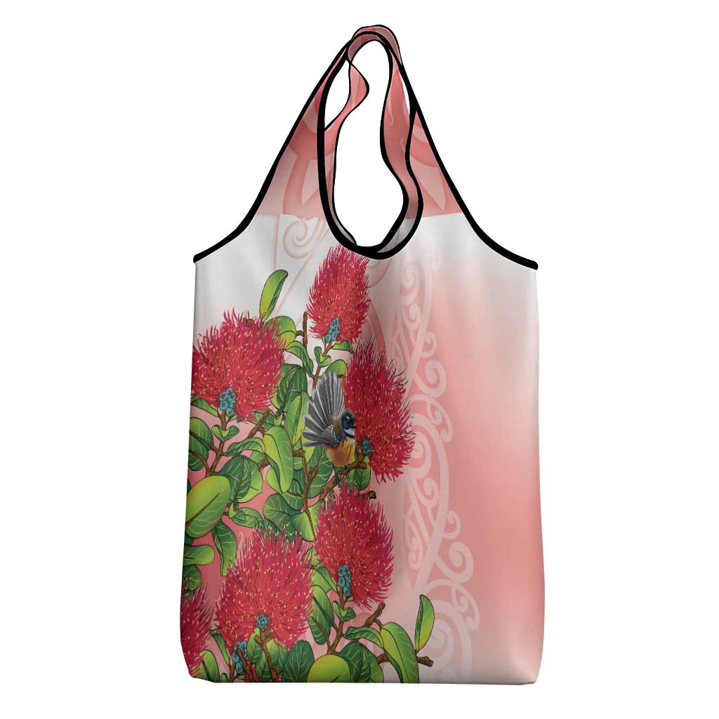 New Zealand Fantail Grocery Bag Maori Koru With Pohutukawa Flowers - Polynesian Pride