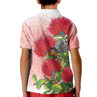 New Zealand Fantail Kid Polo Shirt Maori Koru With Pohutukawa Flowers - Polynesian Pride