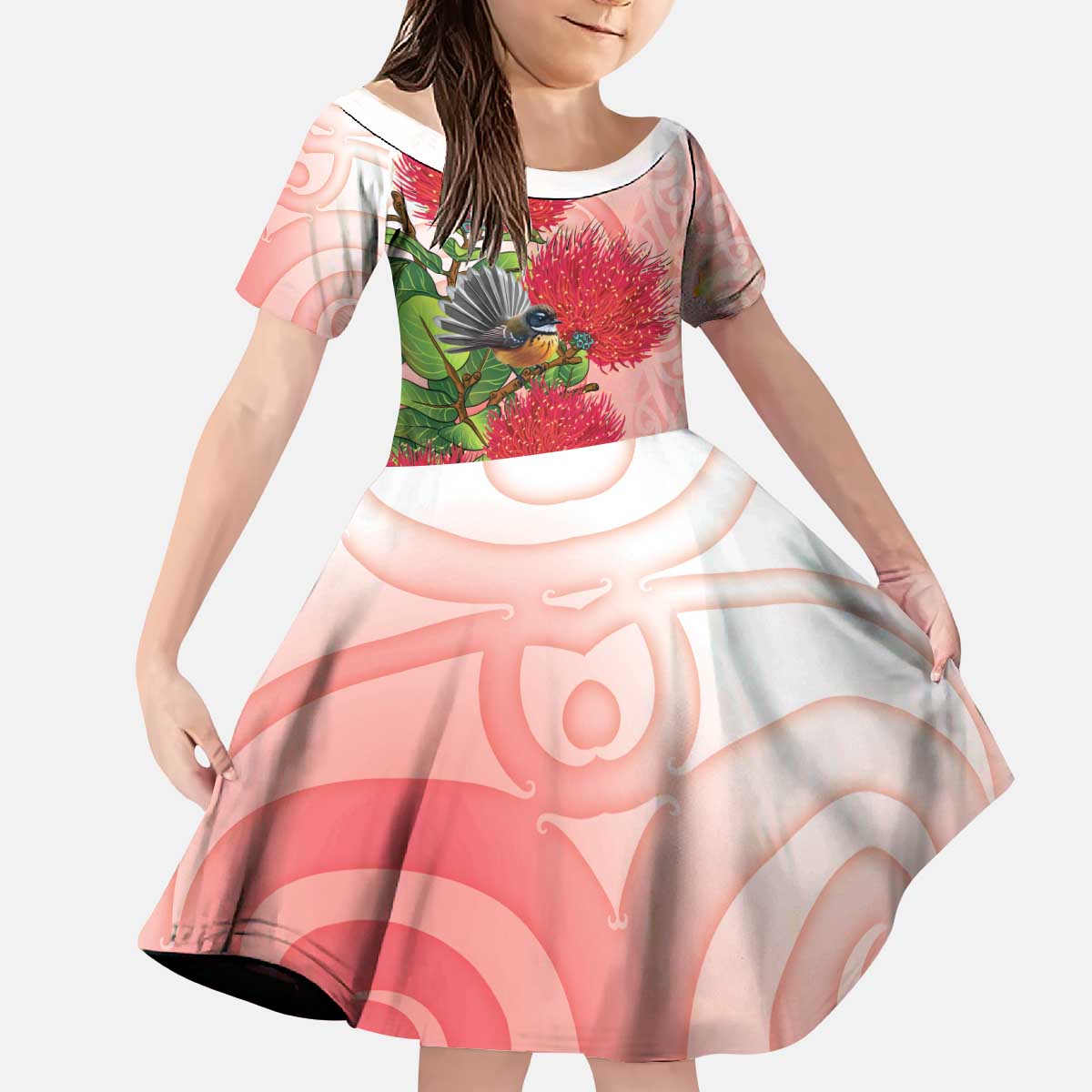 New Zealand Fantail Kid Short Sleeve Dress Maori Koru With Pohutukawa Flowers - Polynesian Pride