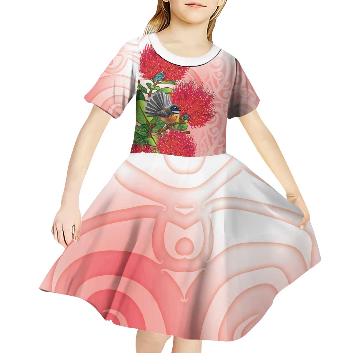 New Zealand Fantail Kid Short Sleeve Dress Maori Koru With Pohutukawa Flowers - Polynesian Pride