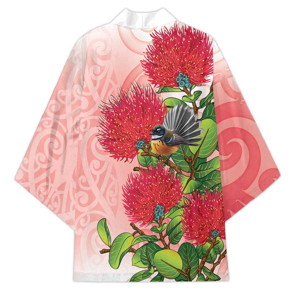 New Zealand Fantail Kimono Maori Koru With Pohutukawa Flowers - Polynesian Pride