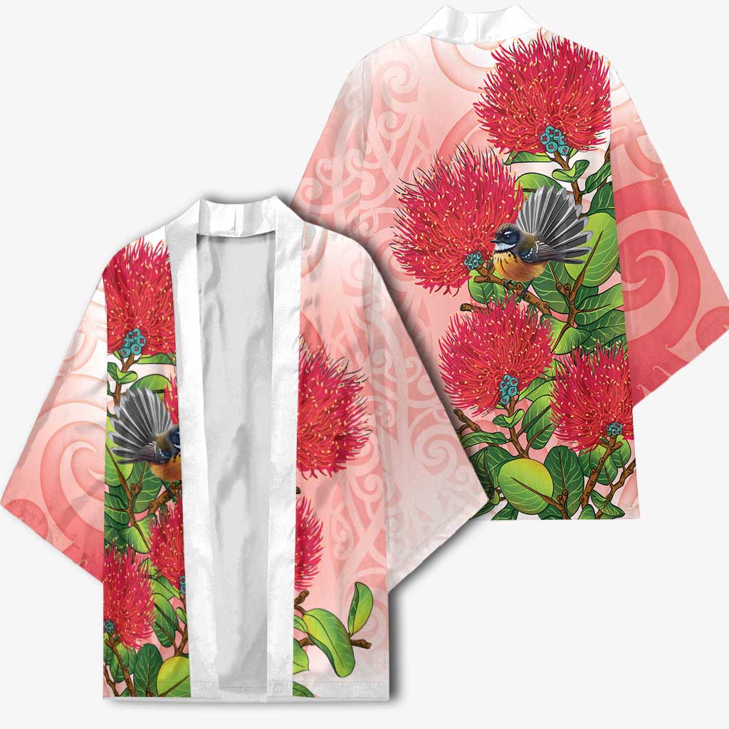 New Zealand Fantail Kimono Maori Koru With Pohutukawa Flowers - Polynesian Pride