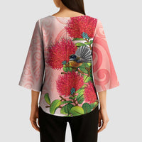 New Zealand Fantail Kimono Sleeve Blouse Maori Koru With Pohutukawa Flowers - Polynesian Pride