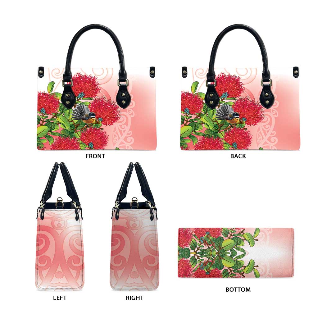 New Zealand Fantail Leather Bag Maori Koru With Pohutukawa Flowers - Polynesian Pride