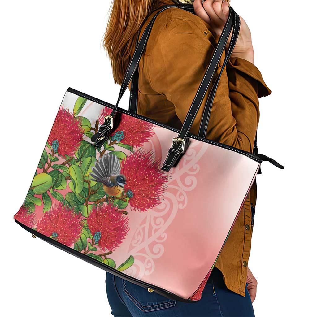 New Zealand Fantail Leather Tote Bag Maori Koru With Pohutukawa Flowers - Polynesian Pride