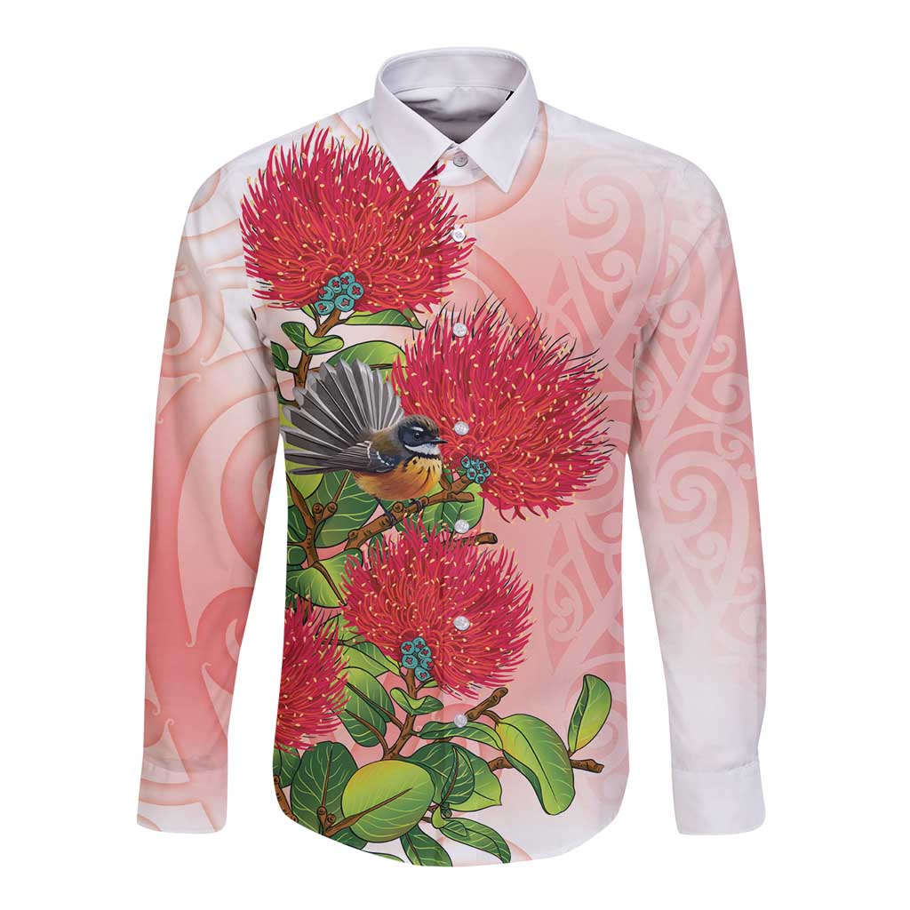 New Zealand Fantail Long Sleeve Button Shirt Maori Koru With Pohutukawa Flowers - Polynesian Pride