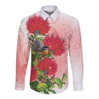 New Zealand Fantail Long Sleeve Button Shirt Maori Koru With Pohutukawa Flowers - Polynesian Pride