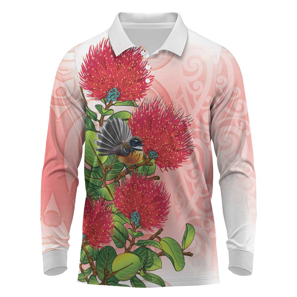 New Zealand Fantail Long Sleeve Polo Shirt Maori Koru With Pohutukawa Flowers - Polynesian Pride