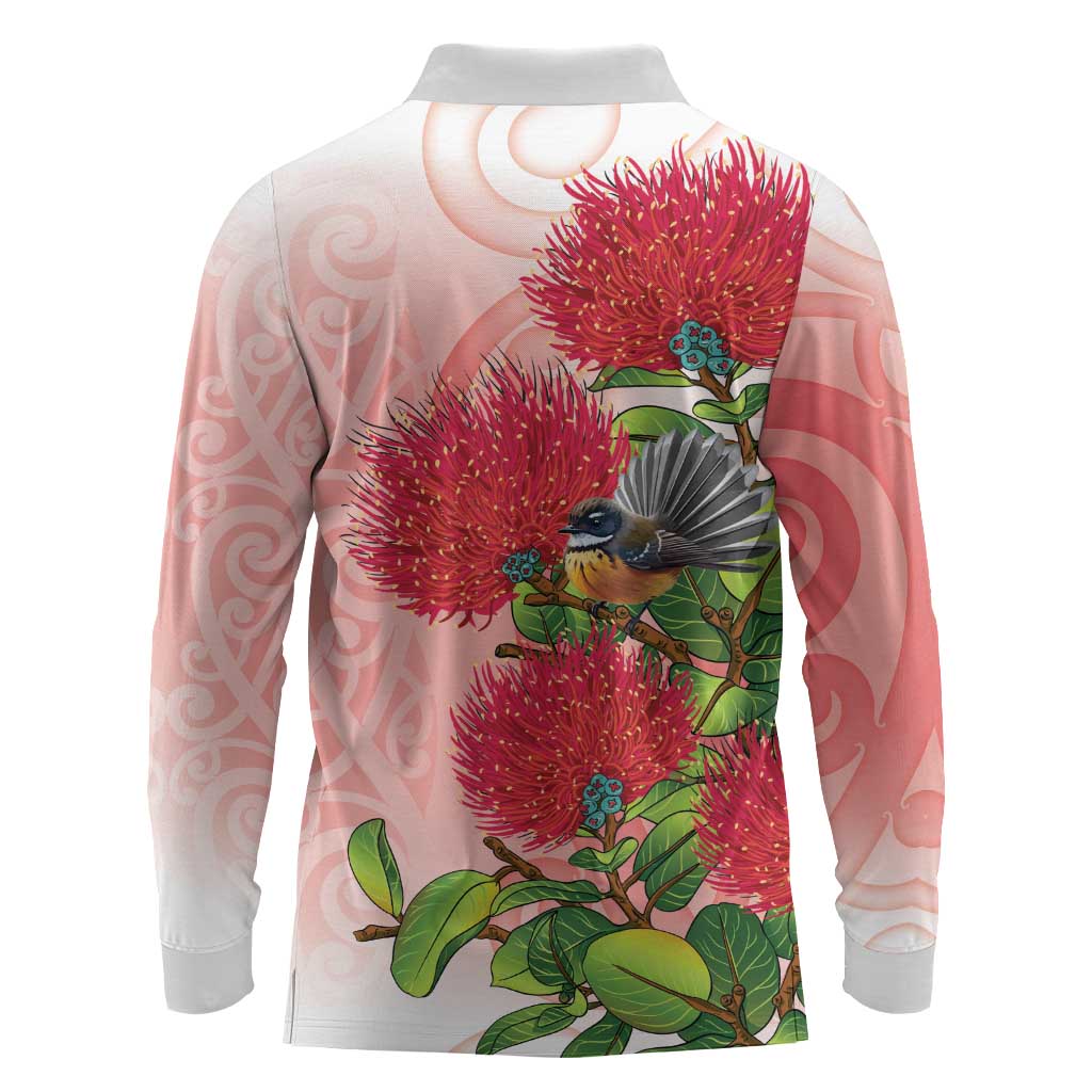 New Zealand Fantail Long Sleeve Polo Shirt Maori Koru With Pohutukawa Flowers - Polynesian Pride