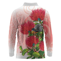 New Zealand Fantail Long Sleeve Polo Shirt Maori Koru With Pohutukawa Flowers - Polynesian Pride