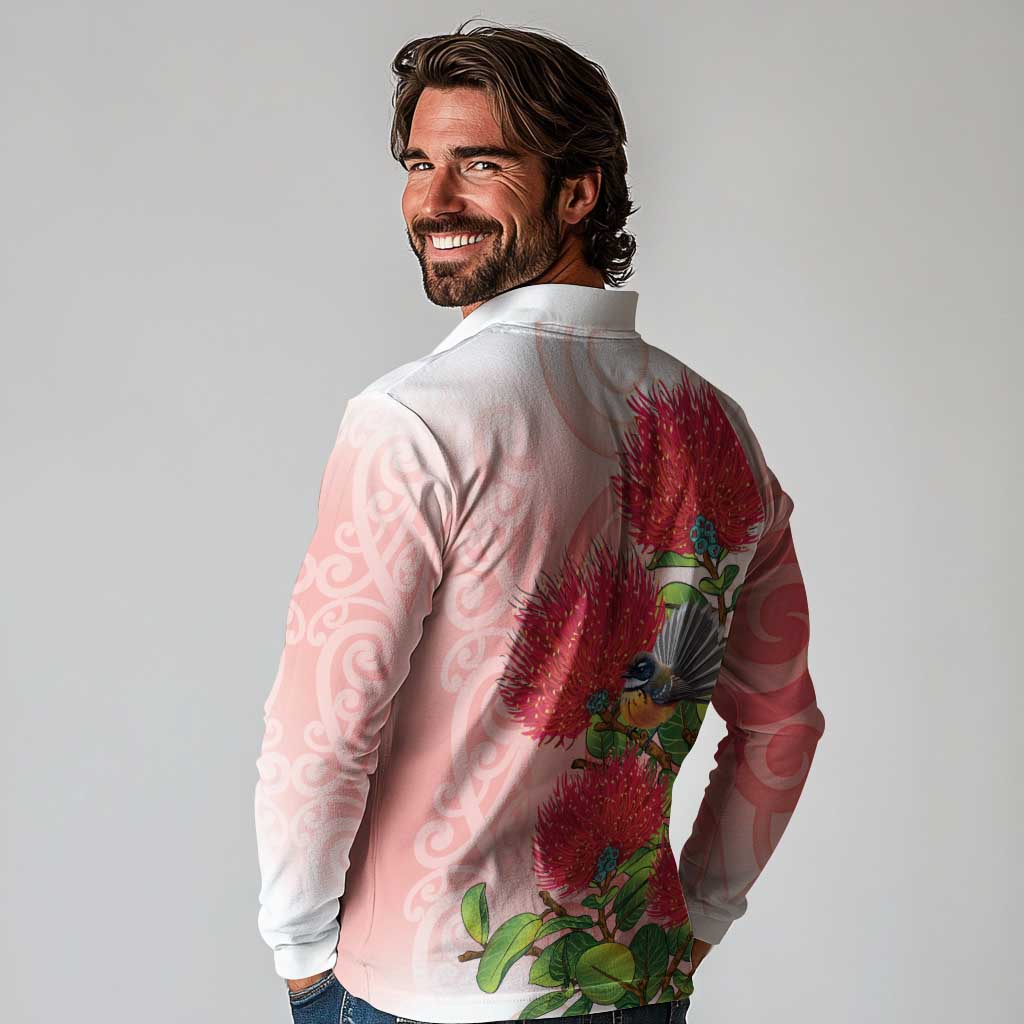 New Zealand Fantail Long Sleeve Polo Shirt Maori Koru With Pohutukawa Flowers - Polynesian Pride