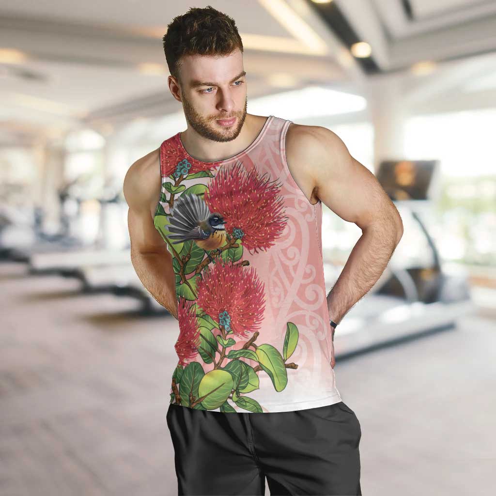 New Zealand Fantail Men Tank Top Maori Koru With Pohutukawa Flowers - Polynesian Pride