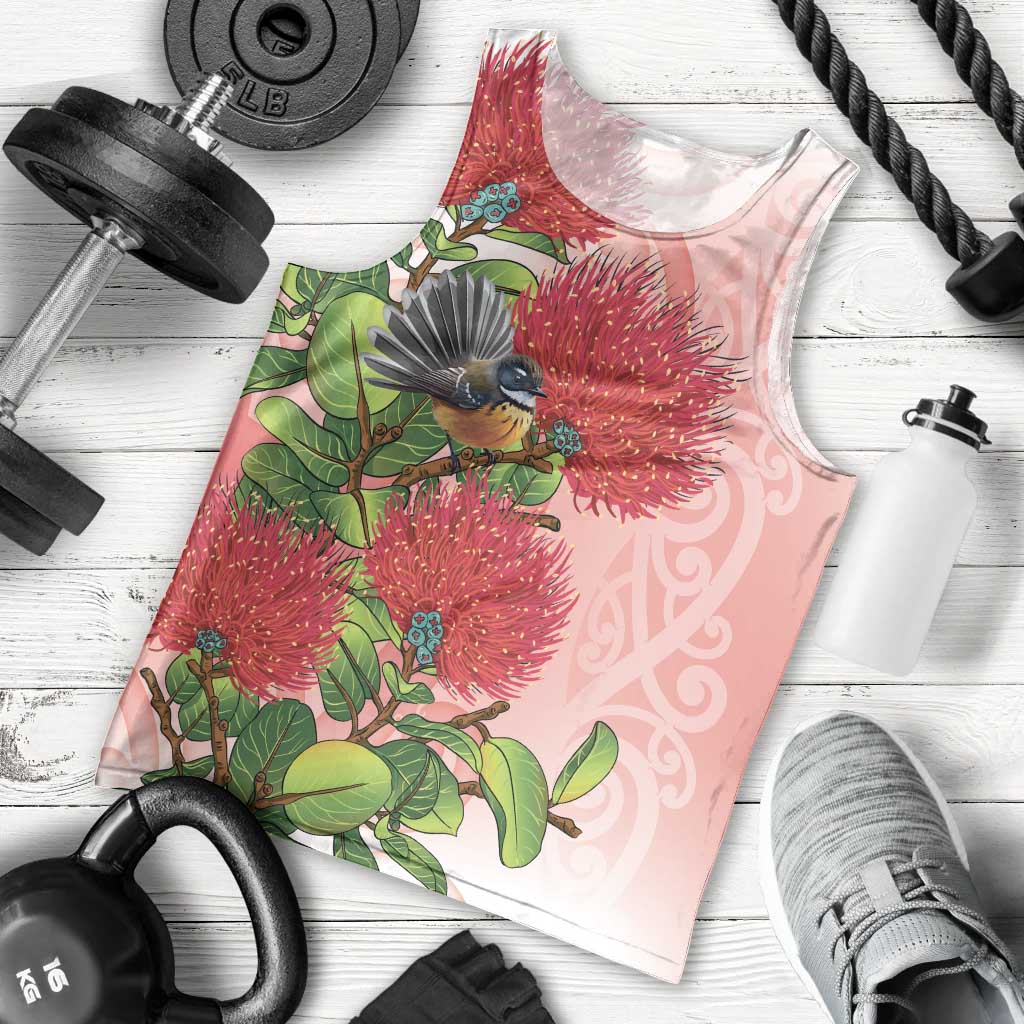 New Zealand Fantail Men Tank Top Maori Koru With Pohutukawa Flowers - Polynesian Pride