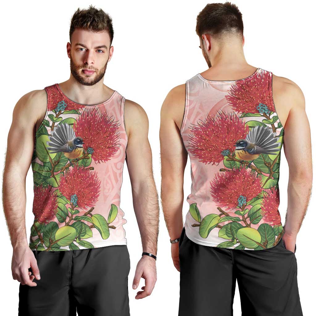 New Zealand Fantail Men Tank Top Maori Koru With Pohutukawa Flowers - Polynesian Pride