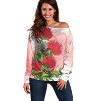 New Zealand Fantail Off Shoulder Sweater Maori Koru With Pohutukawa Flowers - Polynesian Pride
