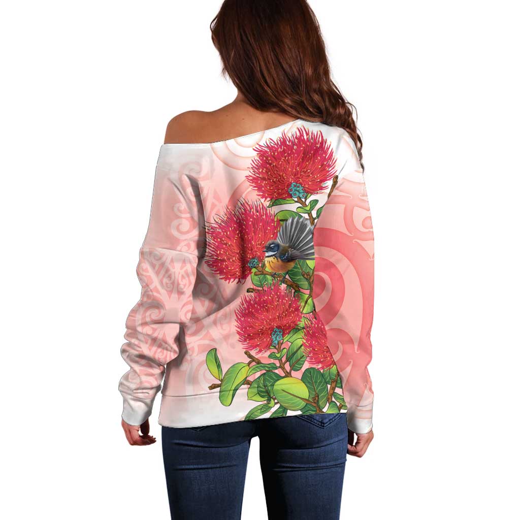 New Zealand Fantail Off Shoulder Sweater Maori Koru With Pohutukawa Flowers - Polynesian Pride